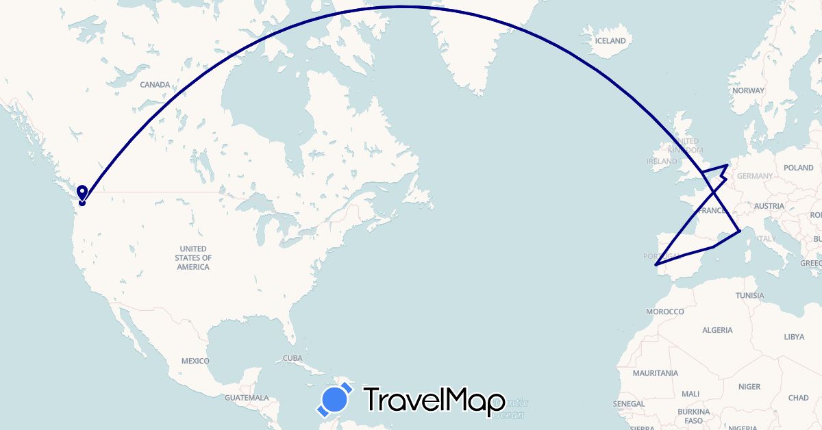 TravelMap itinerary: driving in Belgium, Spain, France, United Kingdom, Monaco, Netherlands, Portugal, United States (Europe, North America)